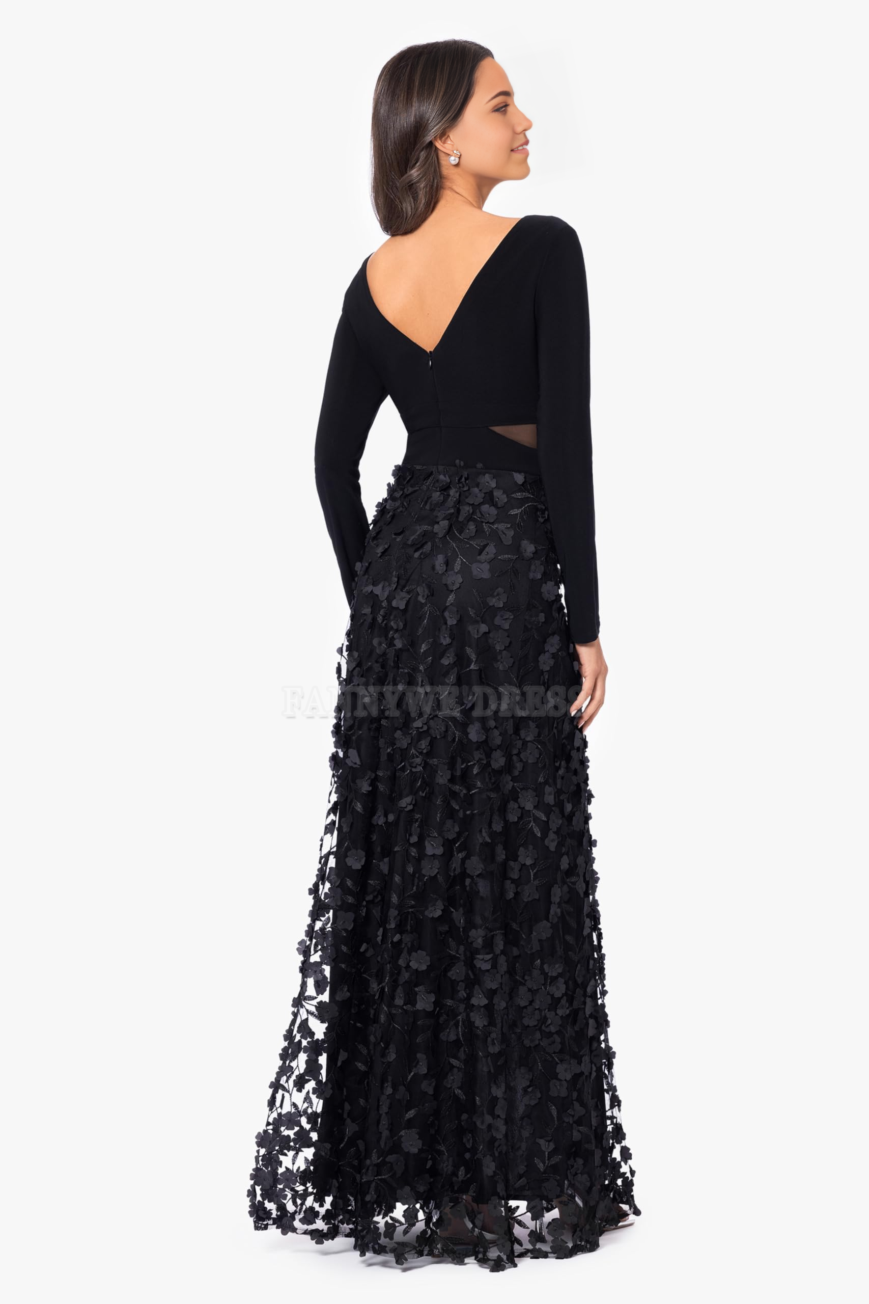 Vestido formal de manga larga con escote en V y estampado floral, estilo A, para dama de honor, de noche y fiesta.